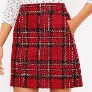 Loft Tweed Skirt Womens 14 Plaid Stich Red Shift Mini A-Line Classic Pockets Zip